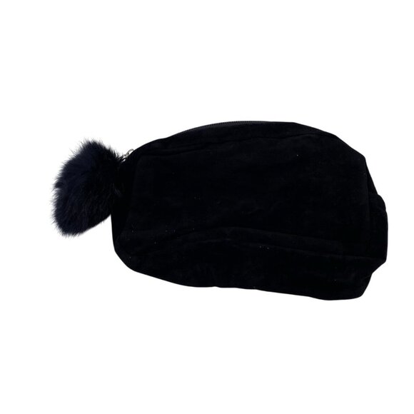 Black Velvet Cosmetic Pouch With‎ Embroidered Eyelash Design & Fluffy Pom Pom - Picture 5 of 5
